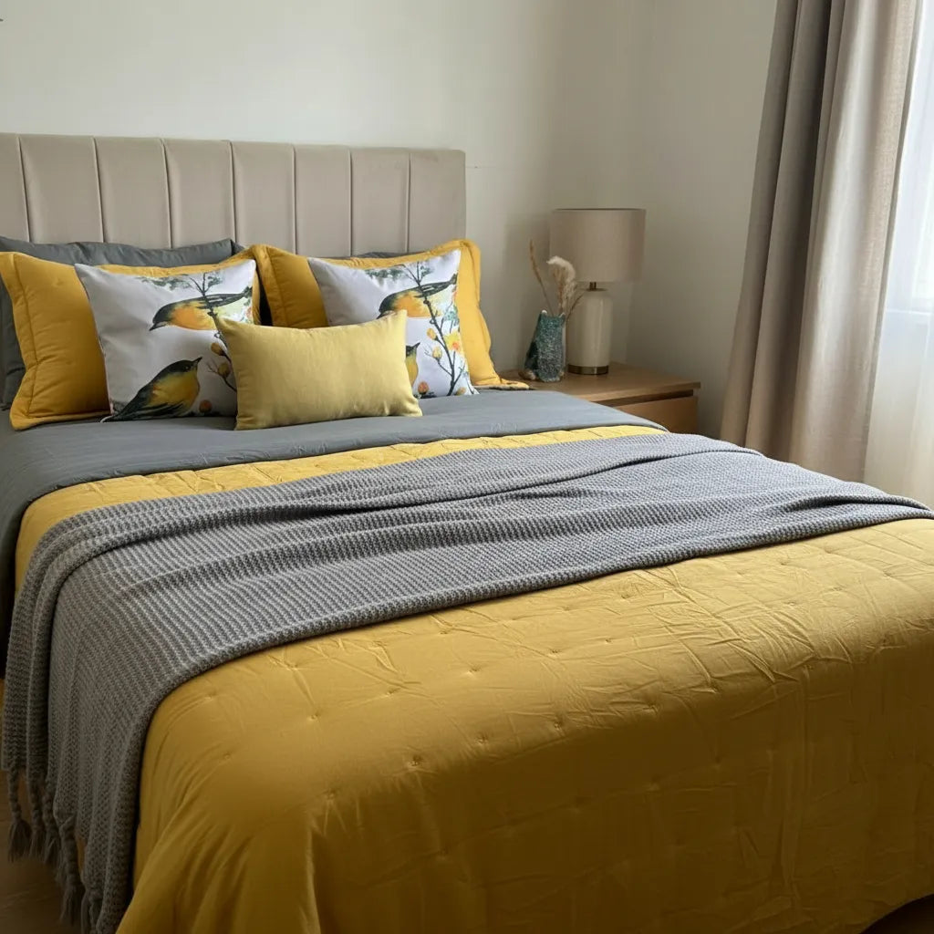 Set Ropa De Cama Gris Mostaza 6 Piezas Algodón + Chenille