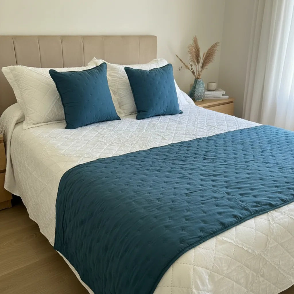 Set de piecera  en algodon con pom- pom + 2 cojines - Azul Petróleo