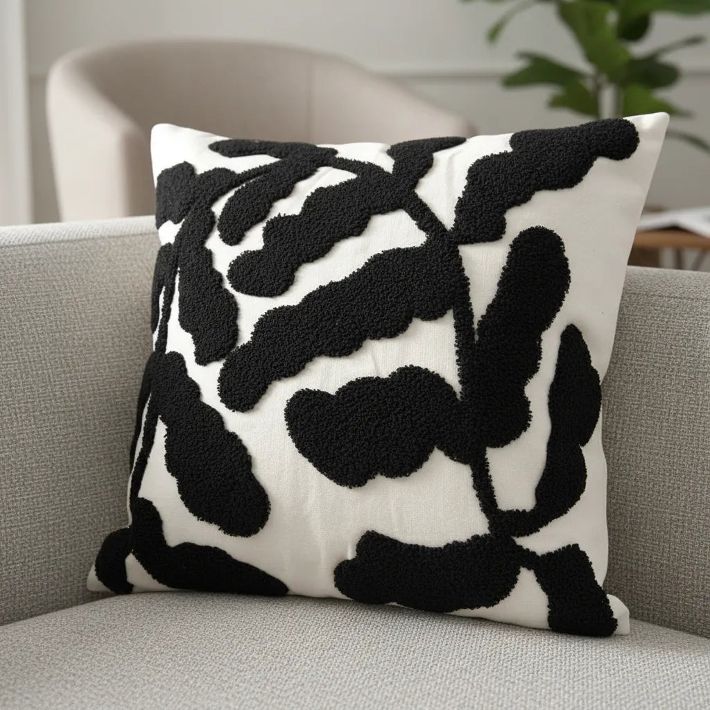 Fundas de cojines bordadas, Diseño Rama Boho Negra