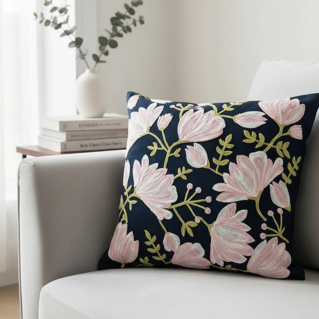 Fundas de cojines bordadas, Diseño Botánico Rosa