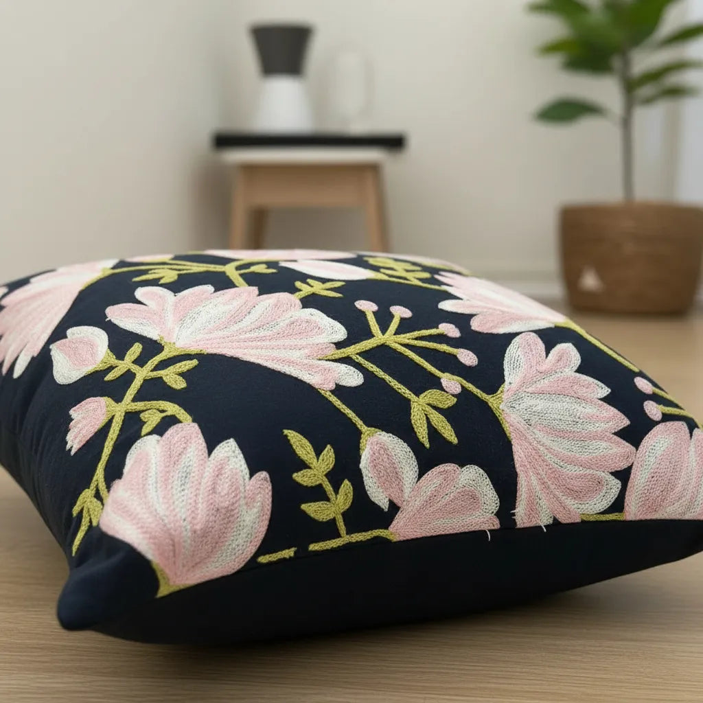 Fundas de cojines bordadas, Diseño Botánico Rosa