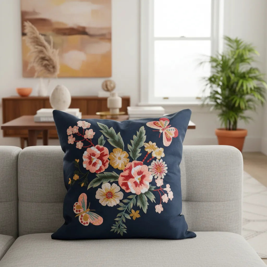 Fundas de cojines bordadas, Diseño Mariposas Florales