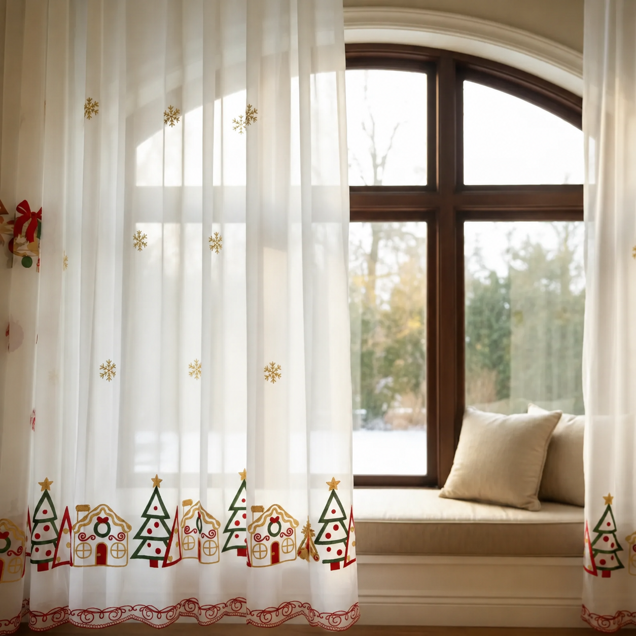 Set de 2 Visillos Bordados Navideños con Pasador – Diseño 003