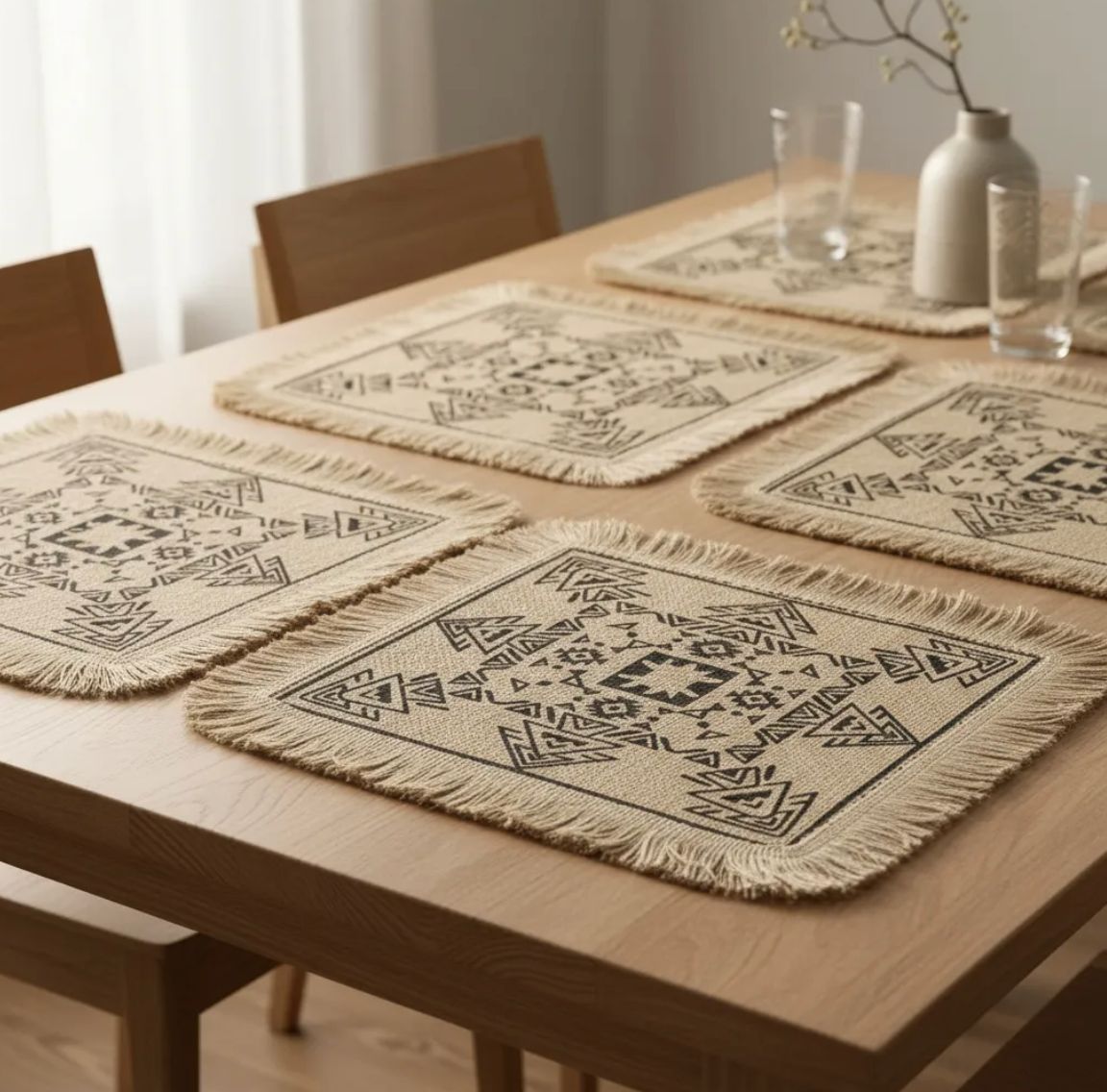 set de 6 individuales,  fibra  de yute,  patrón geométrico.